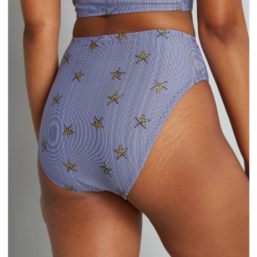 ModCloth XL Franky Starfish High Waisted Bikini Bottom Swim Blue White Striped